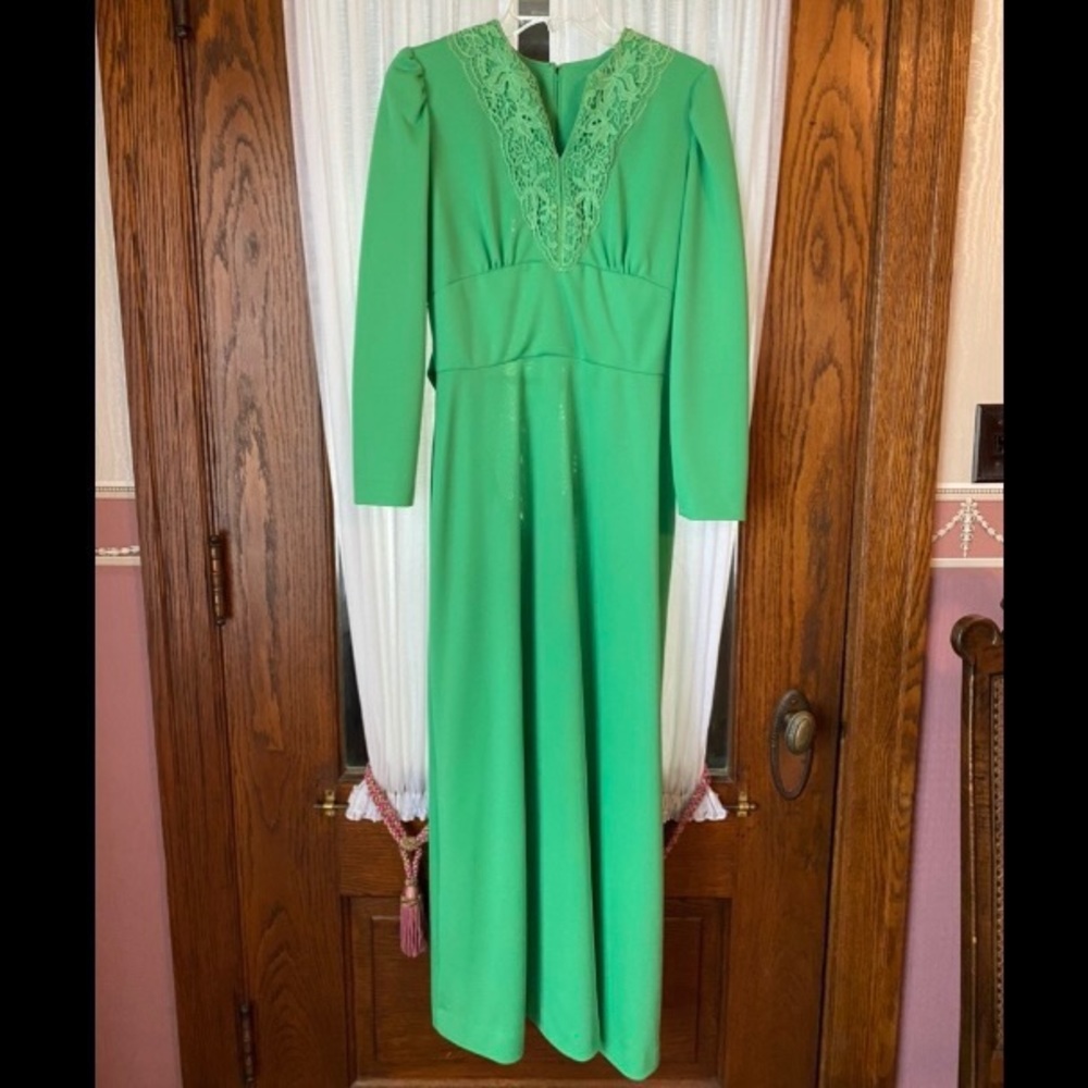 Vintage 70s bright green full length dress